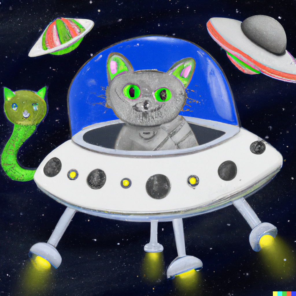 DALL-E generated image of a painting of a cat in a UFO hanging out with friendly aliens
