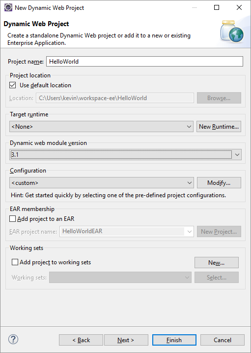 New Project settings dialog