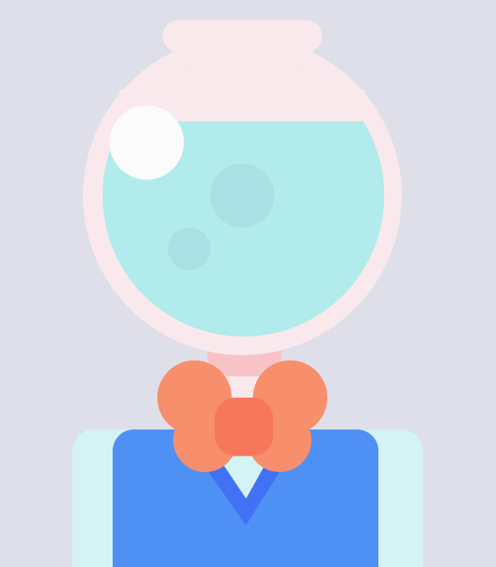 p5.js sketch of a character with a fish bowl for a head
