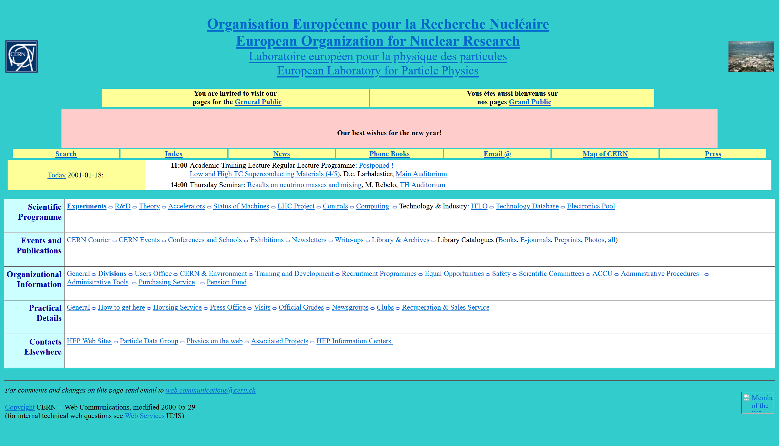 screenshot of CERN's homepage from 2001. It has a table of content in various colors, typical of early web design