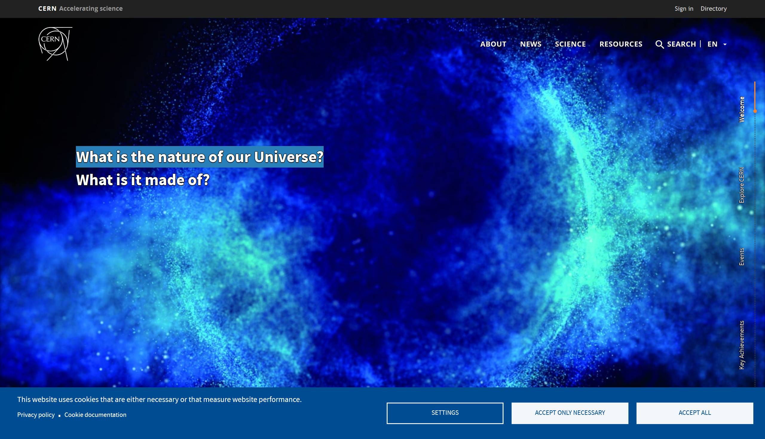 screenshot of CERN's homepage from 2024. It shows a big hero image, a right nav inviting you to scroll down, and a cookie notification, typical of modern web design
