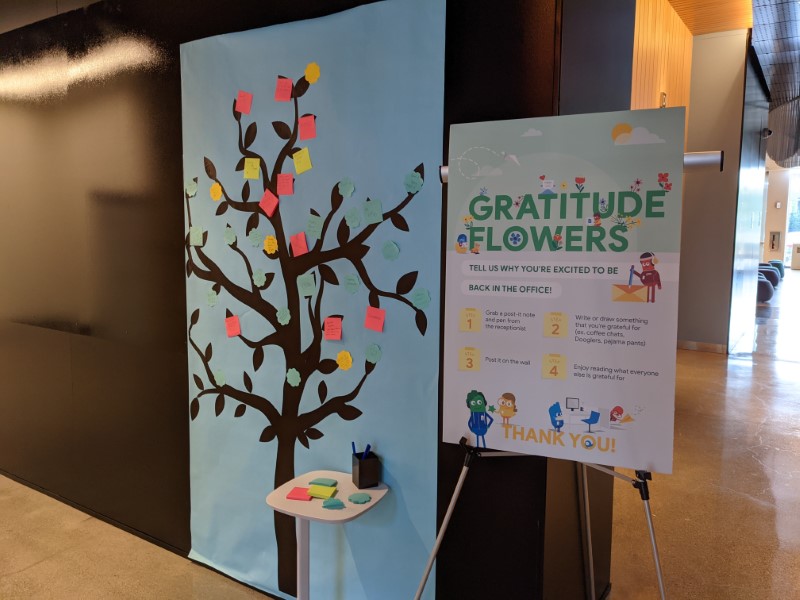 sign at google asking people to write on sticky notes why they're excited about returning to the office