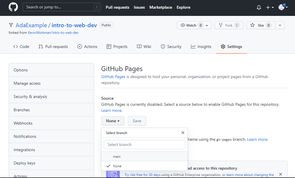 GitHub Pages setting