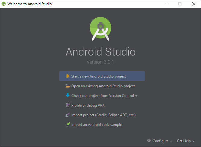 Android Studio welcome screen