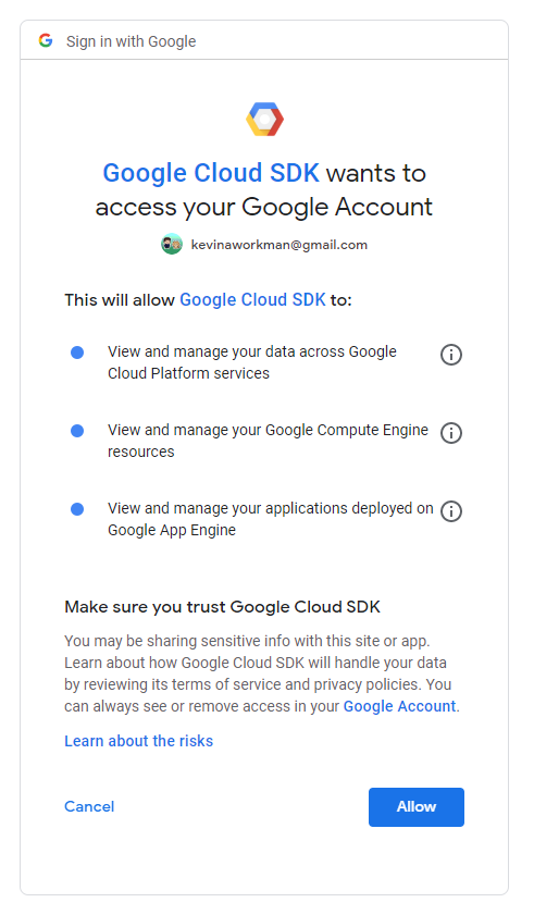 Google Cloud access screen