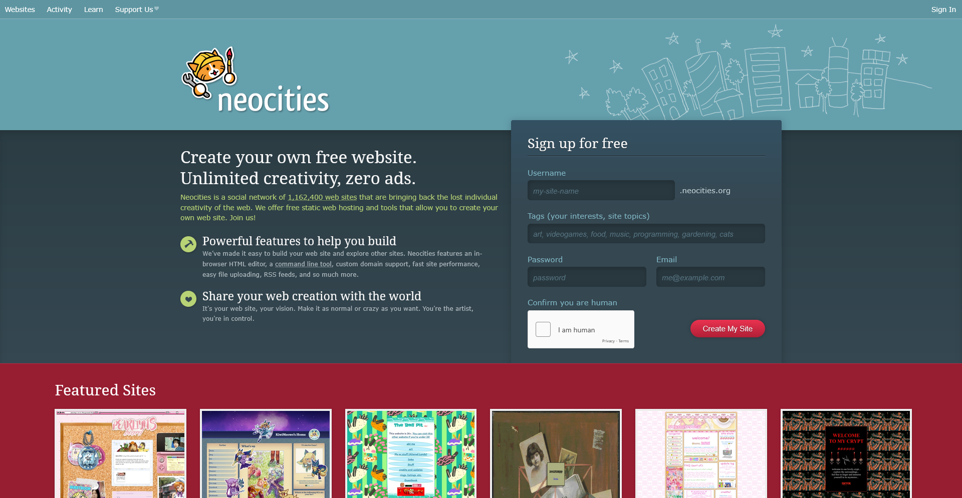Neocities registration form