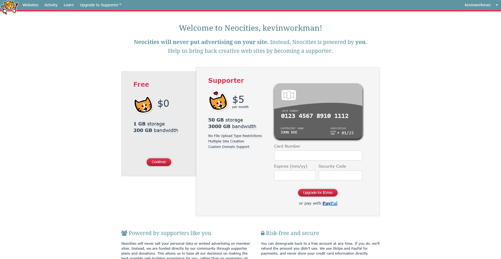 Neocities account upgrade