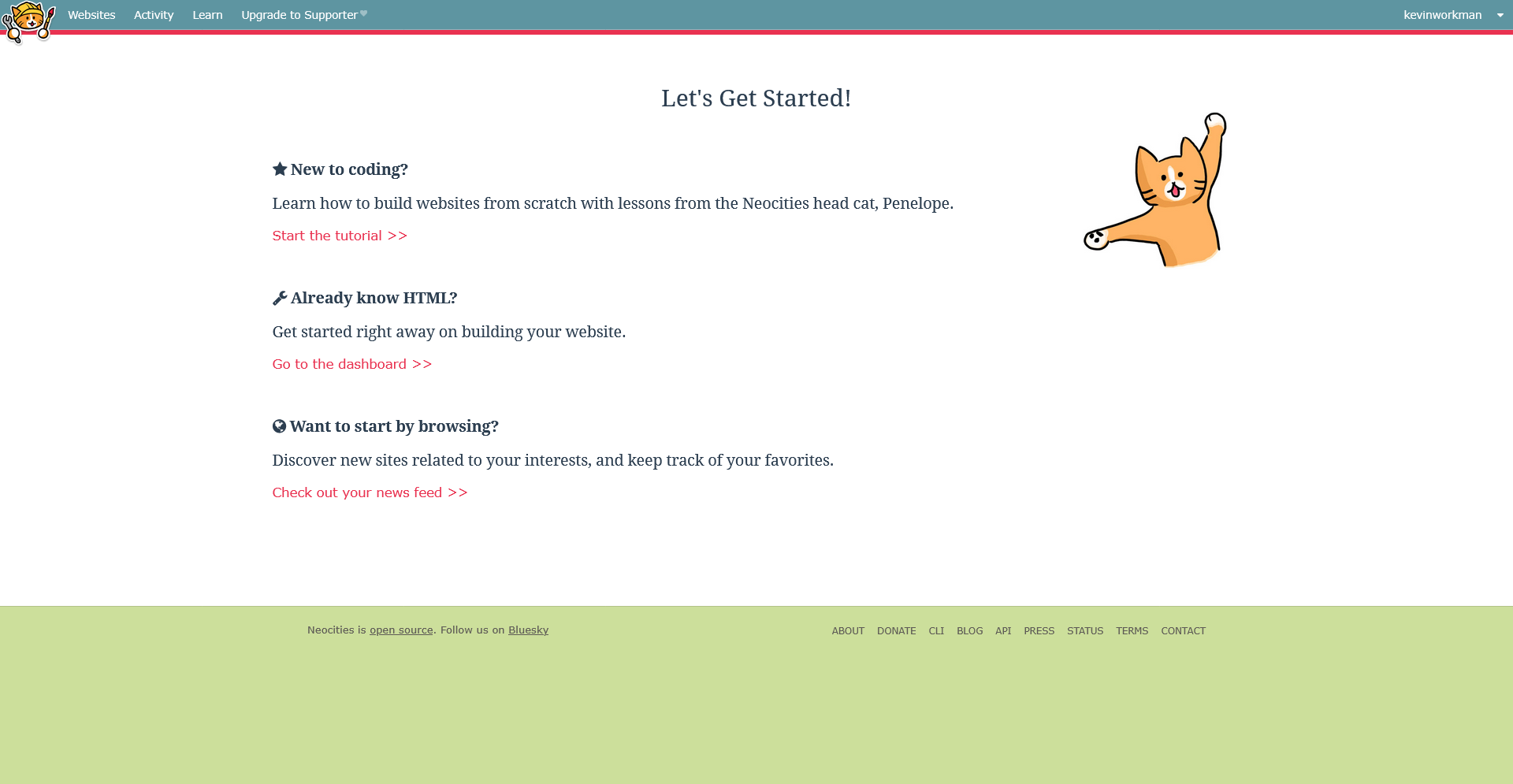 Neocities tutorial option screen