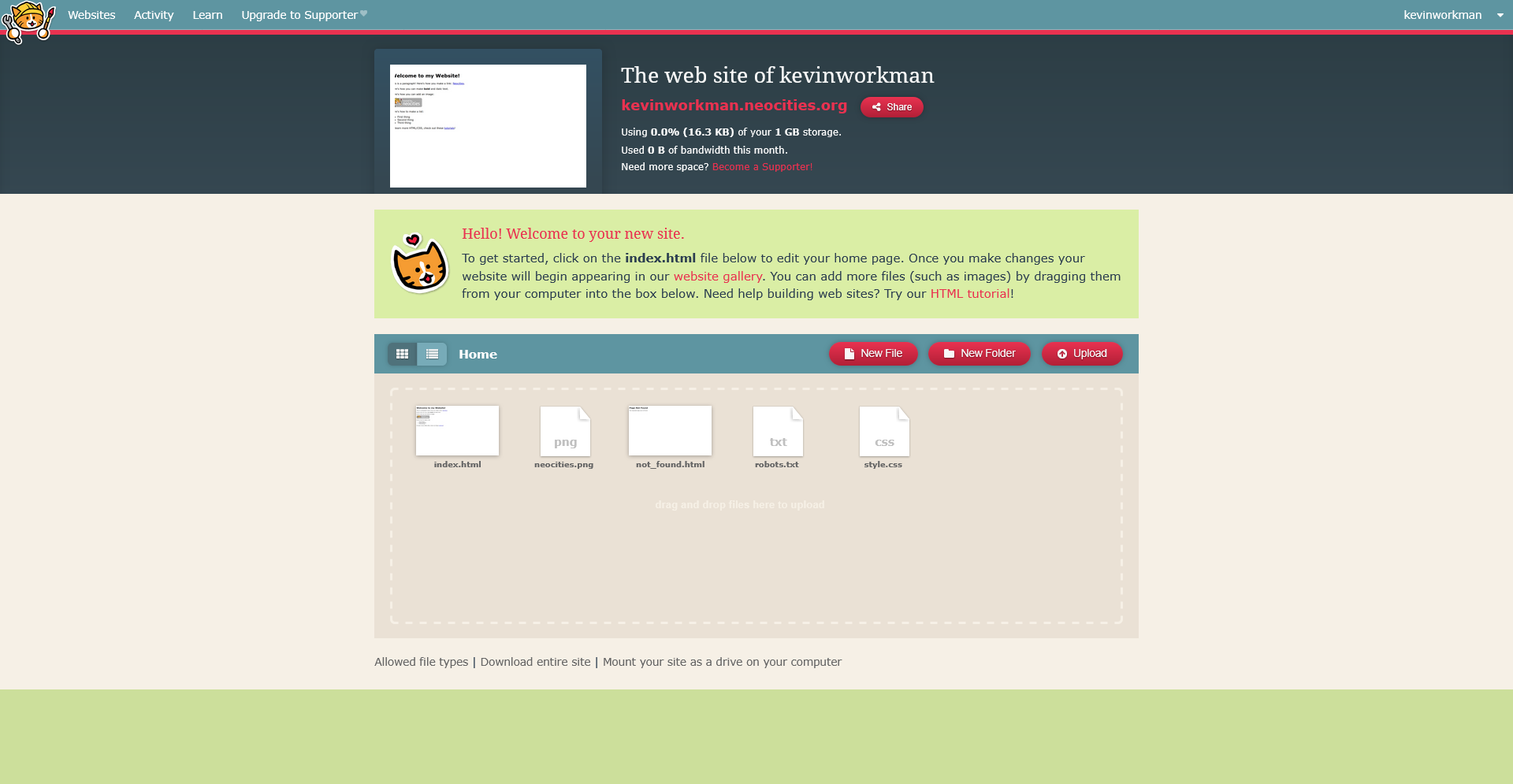 Neocities dashboard